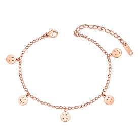 SHEGRACE Titanium Steel Charm Anklets, with Curb Chains and Lobster Claw Clasps, Smiling face