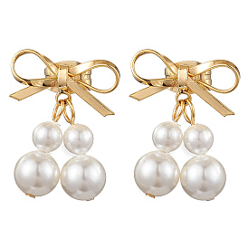 Brass Bowknot Dangle Stud Earrings, with Shell Pearl Beads