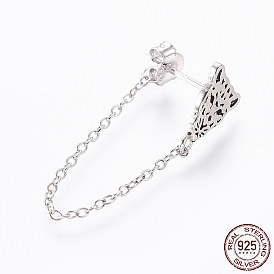 925 Sterling Silver Stud Earrings, with S925 Stamp, with Cable Chains, Leopard