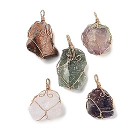 Raw Rough Natural Gemstone Copper Wire Wrapped Big Pendants, Nuggets Charms, Golden