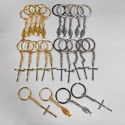 Брелок с подвеской из сплава в тибетском стиле с изображением рыбы и креста Иисуса, с железными разрезными брелоками, для украшения сумки для ключей от машины