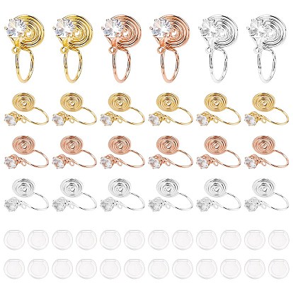 24Pcs 3 Color Brass Micro Pave Cubic Zirconia Clip-on Earrings Finding, with 24Pcs Comfort Silicone Pads, Long-Lasting Plated