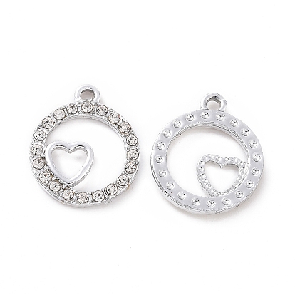 Alloy Rhinestone Pendants, Platinum Tone Flat Round with Heart Charms