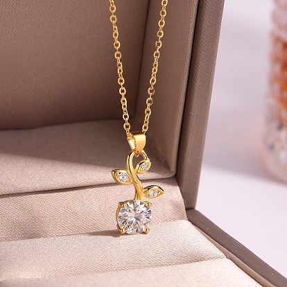 Elegant 925 Sterling Silver Pave Clear Cubic Zirconia Leaf Vine Pendant Necklaces for Women