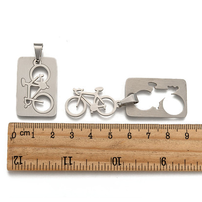 201 Stainless Steel Split Pendants, Rectangle with Bicycle, 32x21x1.5mm, Hole: 4x9mm