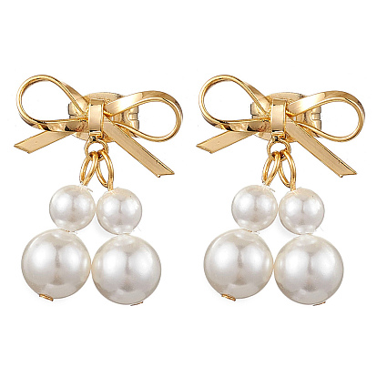 Brass Bowknot Dangle Stud Earrings, with Shell Pearl Beads