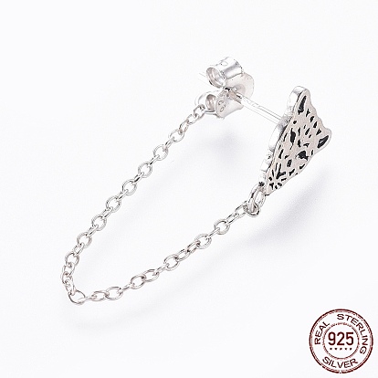 925 Sterling Silver Stud Earrings, with S925 Stamp, with Cable Chains, Leopard