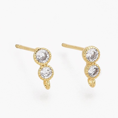 Brass Micro Pave Clear Cubic Zirconia Stud Earring Findings, with Silicone Ear Nuts, with Loop, Long-Lasting Plated, Number 8