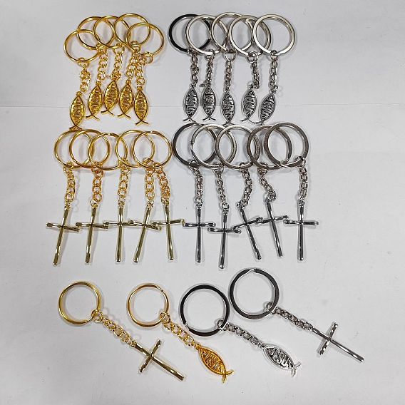 Брелок с подвеской из сплава в тибетском стиле с изображением рыбы и креста Иисуса, с железными разрезными брелоками, для украшения сумки для ключей от машины