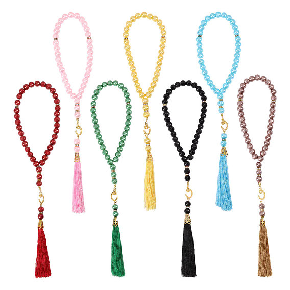 7шт. 7 цвета мусульманские исламские молитвенные четки браслеты, стекло жемчужные бусы шарм браслеты, с полиэстеровой кисточкой и бусинами из сплава со стразами.