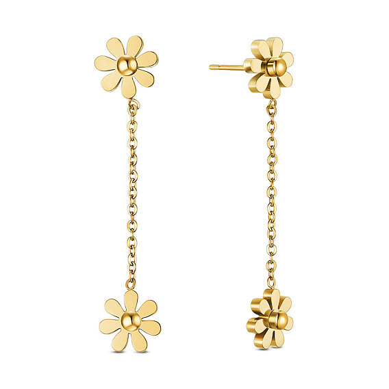 Stainless Steel Dangle Stud Earrings, with Chains, Daisy Flower