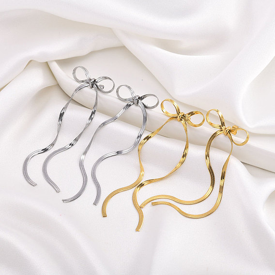 Stainless Steel Stud Earrings, Bowknot witn Blade Chain