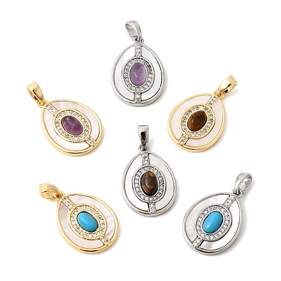 Подвески из драгоценных камней с ракушками, Подвески в форме капли с латунными микропаве из прозрачных кубических цирконий.