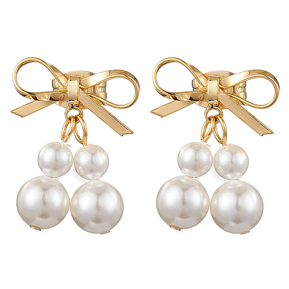 Brass Bowknot Dangle Stud Earrings, with Shell Pearl Beads