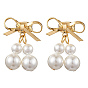 Brass Bowknot Dangle Stud Earrings, with Shell Pearl Beads