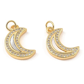 Brass Cubic Zirconia with Shell Pendants, Long-Lasting Plated, Lead Free & Cadmium Free, Moon