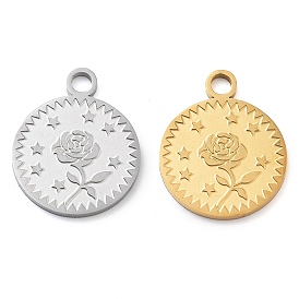 304 Stainless Steel Pendants, Laser Cut, Flat Round with Rose & Star Charm