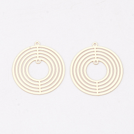 Brass 2-Loop Link Pendants, Etched Metal Embellishments, Long-Lasting Plated, Flat Round