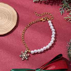 Christmas ABS Plastic Imitation Pearl & Iron Curb Chains Link Bracelets, Snowflake Charm Jewely for Women