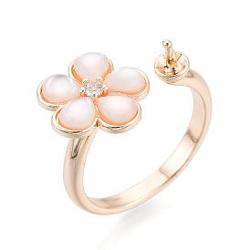 Оправы для колец-манжет из латуни с микропаве из прозрачных кубических цирконий и ракушек, за половину пробурено бисера