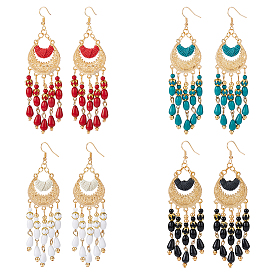 4 пары 4 цвета стеклянные бисерные серьги-кисточки люстры, длинные серьги-подвески из золотого сплава с рогом