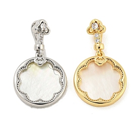 Brass Pave Shell Pendants, with Clear Cubic Zirconia, Flat Round with Flower Charm