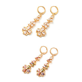 Rack Plating Golden Brass Dangle Leverback Earrings, with Cubic Zirconia, Flower