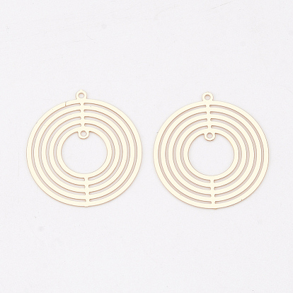 Brass 2-Loop Link Pendants, Etched Metal Embellishments, Long-Lasting Plated, Flat Round