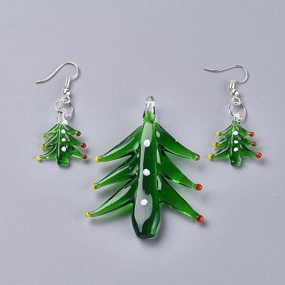 Christmas Handmade Lampwork Jewelry Sets, Dangle Earrings and Pendants, with Brass Earring Hooks and Jump Rings, Christmas Tree