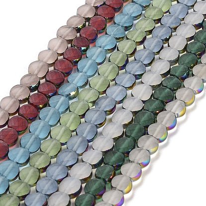 Electroplate Frosted Glass Beads Strands, Rainbow Plated Edge Beads , Faceted Flat Round