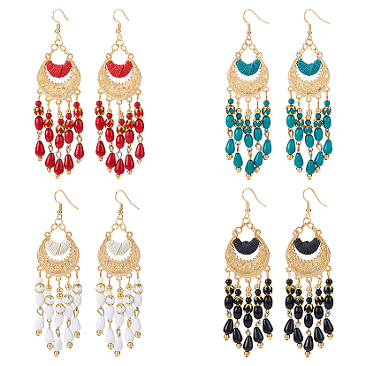 4 пары 4 цвета стеклянные бисерные серьги-кисточки люстры, длинные серьги-подвески из золотого сплава с рогом