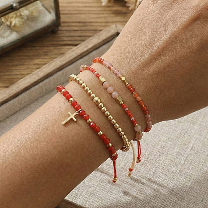 4шт. 4 стили регулируемый браслет из натуральных смешанных драгоценных камней и стеклянных вставок плетеный, латунные круглые бусины эластичные браслеты для женщин