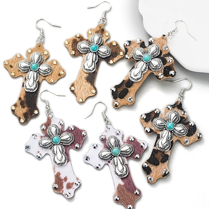 Alloy Synthetic Turquoise Dangle Earrings, Cross Leather Jewelry for Women