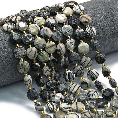 Бусины из натурального черного камня, граненый шестиугольный разрез, плоско-круглые, с бисером