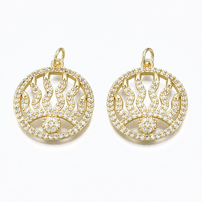 Brass Micro Pave Clear Cubic Zirconia Pendants, with Jump Rings, Nickel Free, Flat Round with Eye