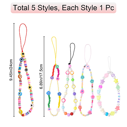 Gorgecraft 5Pcs 5 Style Plastic & Resin Beaded Mobile Straps, with Polymer Clay Heishi Beads, Flower & Round & Evil Eye