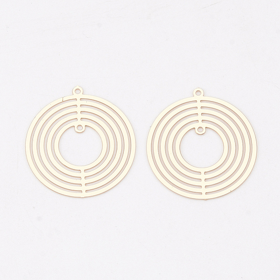 Brass 2-Loop Link Pendants, Etched Metal Embellishments, Long-Lasting Plated, Flat Round