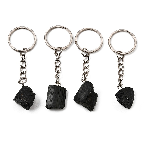 Natural Black Tourmaline Keychian, Nuggets, with Iron Key Rings