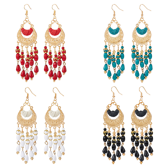 4 пары 4 цвета стеклянные бисерные серьги-кисточки люстры, длинные серьги-подвески из золотого сплава с рогом