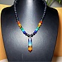 Colorful Chakra 8MM Round Natural Lava Stone Beaded Hexagonal Prism Pointed Healing Crystal Pendant Necklaces, Yoga Meditation Necklaces, Platinum