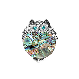 Owl Abalone Shell/Paua Shell Brooch Pins, Alloy Rhinestone Lapel Pins