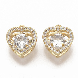 Brass Micro Pave Clear Cubic Zirconia Charms, Nickel Free, Heart, Real 18K Gold Plated