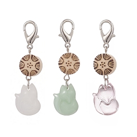 Fox Glass Pendant Decorations, Ivory Nut and Zinc Alloy Lobster Clasps Charm, Clip-on Charms, for Keychain, Purse, Backpack