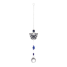 Alloy Butterfly Turkish Blue Evil Eye Pendant Decoration, with Crystal Ceiling Chandelier Ball Prisms, for Home Wall Hanging Amulet Ornament