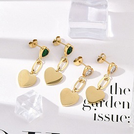 304 из нержавеющей стали кубического циркония серьги стержня, сердце, ионное покрытие (ip), золотые