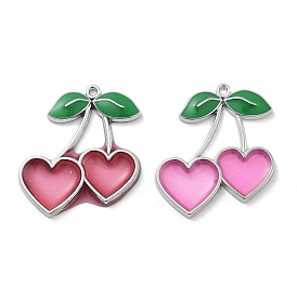 Alloy Enamel Pendants, Heart Cherry Charm, Platinum