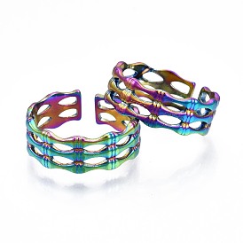 304 Stainless Steel Bamboo Shape Cuff Ring, Rainbow Color Open Ring for Women