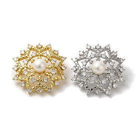 Rack Plating Brass Pave Clear Cubic Zirconia Flower Brooches, with ABS Imitation Pear Beads