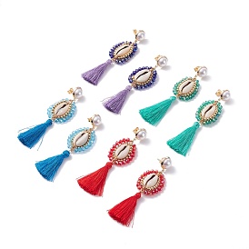 Aretes colgantes largos con envoltura de alambre, Pendientes colgantes de concha natural con borla de poliéster para mujer., dorado