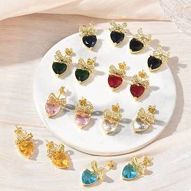 Pendientes colgantes de latón con micro circonitas cúbicas para mujer, bowknot y corazón, con vidrio, larga duración plateado, chapado en rack, sin plomo y el cadmio, dorado